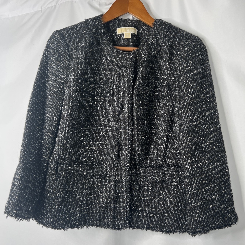 Michael Kors Women's 12 Tweed Cropped Blazer Jacket‎ Black White Snap